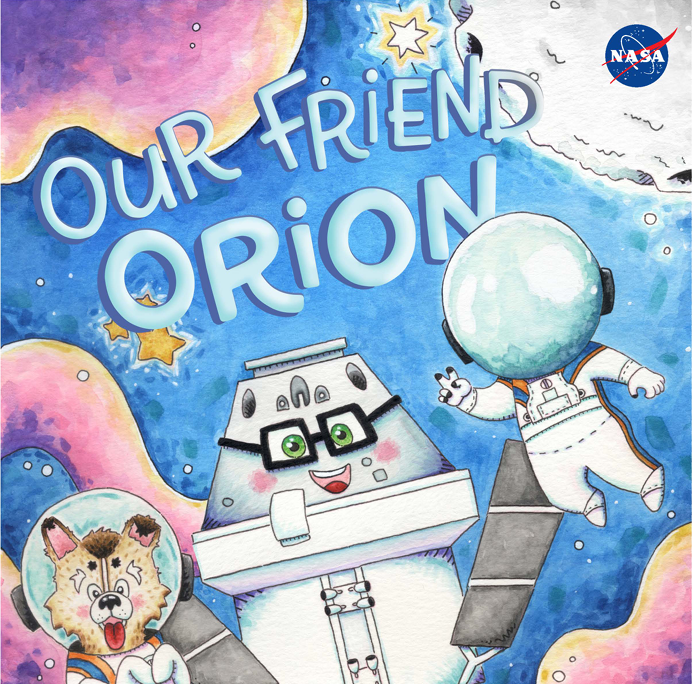 Illustration with whimsical astronaut, Orion spacecraft, and a dog astronuat in space.