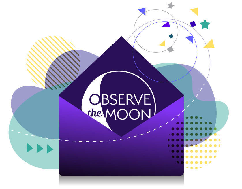Graphic illustration of an envelope with the Observe the Moon logo and confetti