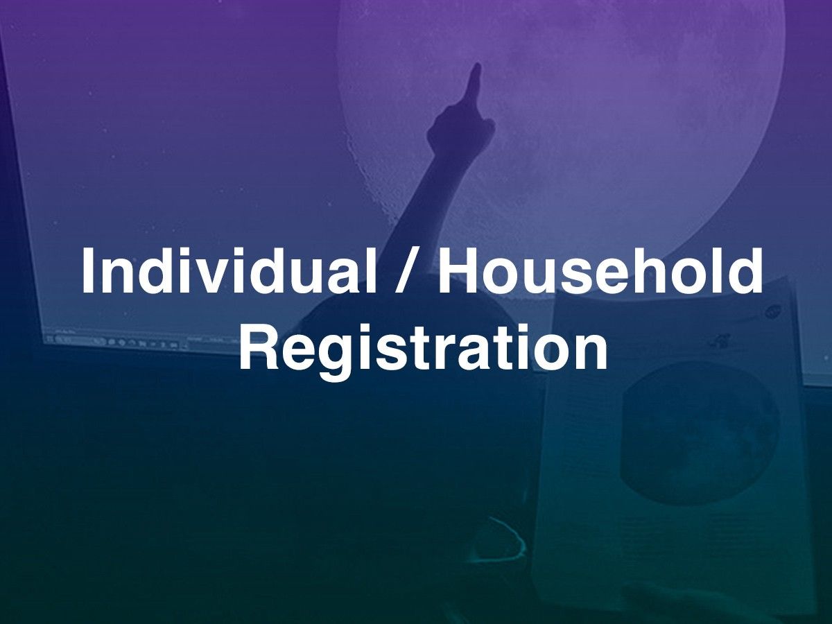 Colorized photo of kid pointing to a screen with the Moon, with text overlay: Individual / Household Registration.