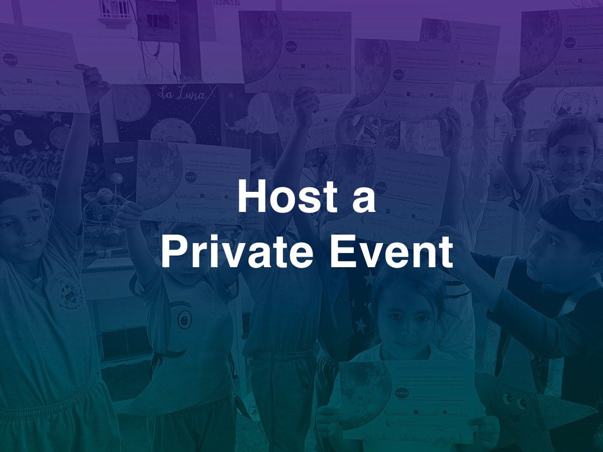 Colorized photo of school children holding up certificates, with text overlay: Host a Private Event