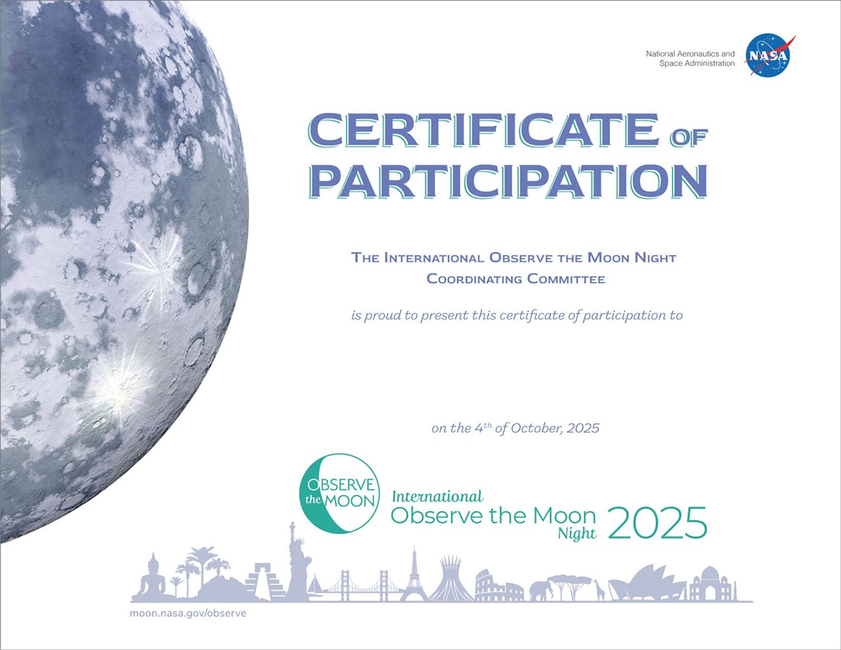 Image of Certificate of Participation for International Observe the Moon Night 2025.
