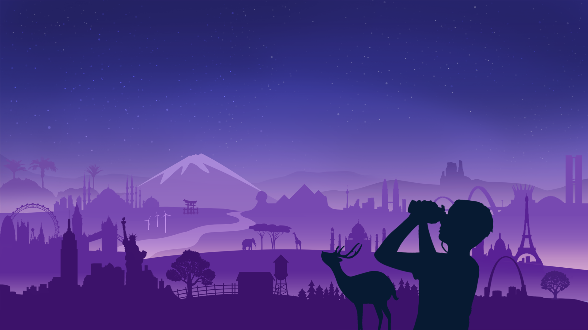 Illustration of imagined landscape with world landmarks. In the foreground, silhouettes of a deer and boy looking up at the sky .