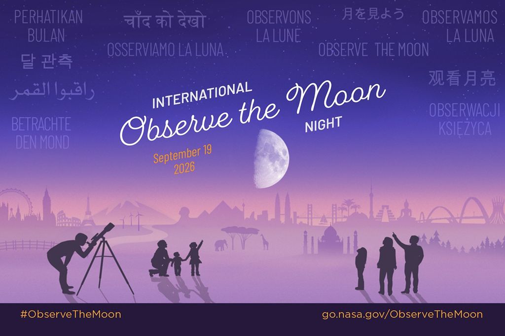 Stylized illustration of an imagined landscape with world landmarks in the background. In the foreground silhouettes of people looking up at a large Moon in the night sky, with the text "International Observe the Moon Night September 19, 2026". In the sky appears "Observe the Moon"; translated in different languages.