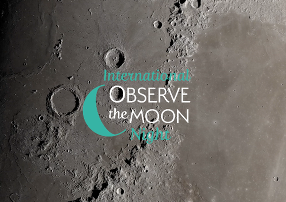 Closeup photo of the Moon's surface with the graphic title overlay International Observe the Moon Night.