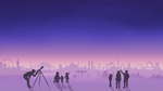 Ilustración estilizada de un paisaje imaginario con lugares emblemáticos del mundo de fondo. En primer plano, siluetas de personas mirando hacia el cielo nocturno.