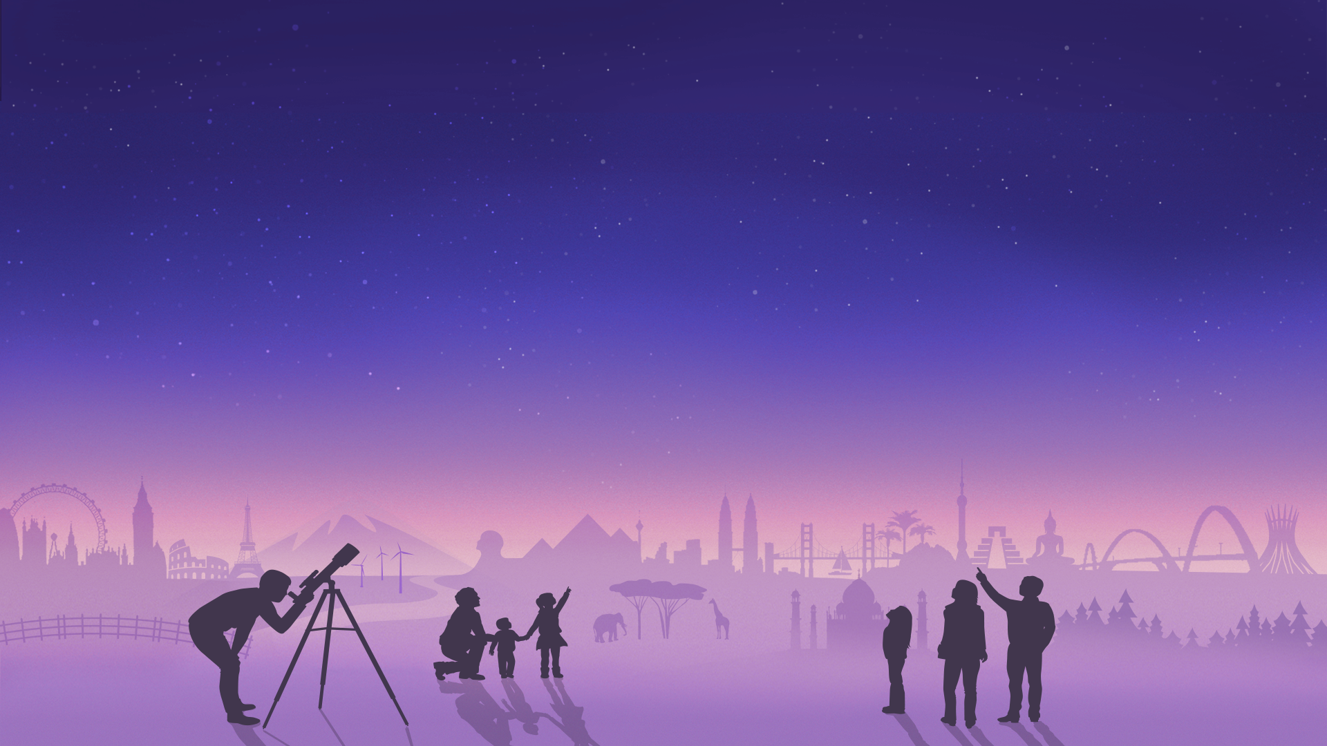 Stylized illustration of an imagined landscape with world landmarks in the background. In the foreground silhouettes of people looking up at the night sky
