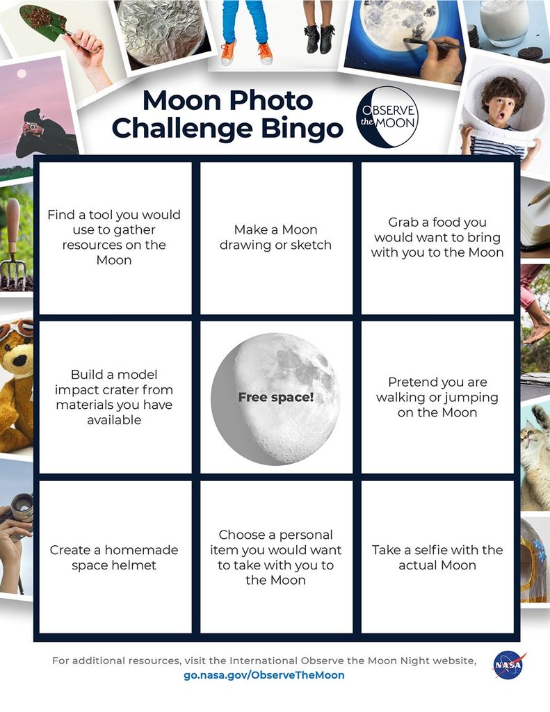 A screenshot of the Moon Photo Challenge Bingo sheet. Nine squares are filled in with different activity options.