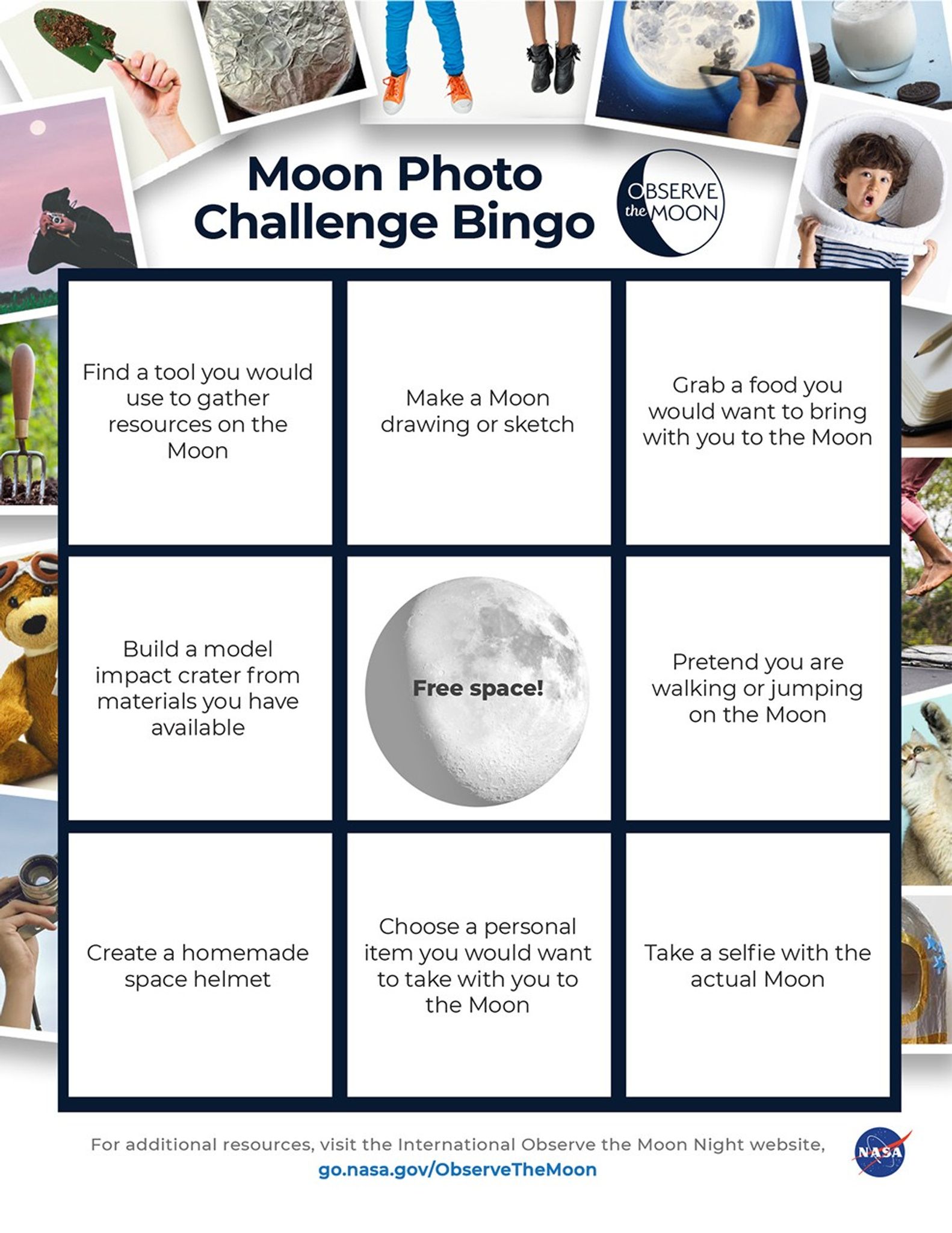 A screenshot of the Moon Photo Challenge Bingo sheet. Nine squares are filled in with different activity options.