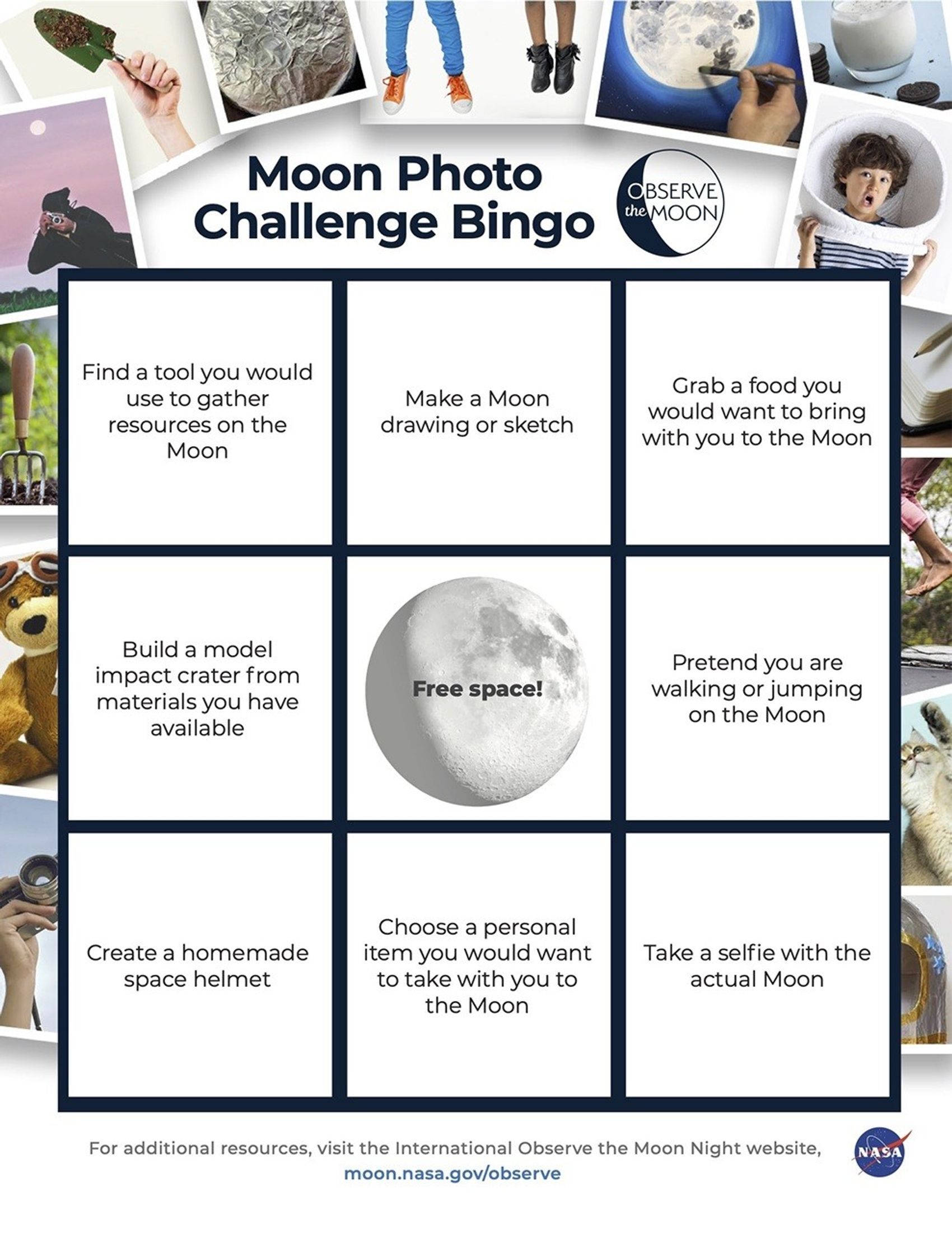 A screenshot of the Moon Photo Challenge Bingo sheet. Nine squares are filled in with different activity options.