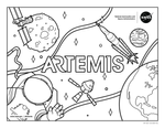A coloring sheet with Artemis mission components ncluding sketches of the Moon, a spacecraft orbiting the Moon, an astronaut, the Orion spacecraft, Earth, the SLS rocket, and a distant planet is shown. The word “Artemis” is in thick letters at center.