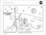 A coloring sheet shows an outline of a spacecraft that's orbiting above a simplified cratered Moon. Stars are shown in the sky above, as is an outline of the Earth.