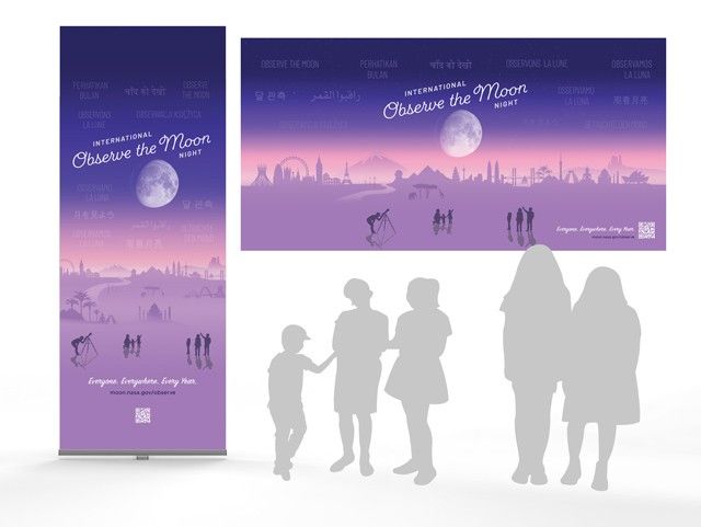 Silhouettes of people in grey stand in front of 2 display banners with artwork.