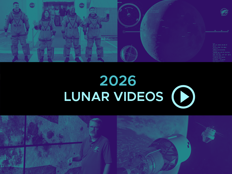 Collage with the text, "2026 Lunar Videos" and various images of the Moon, Moon missions, and lunar science..