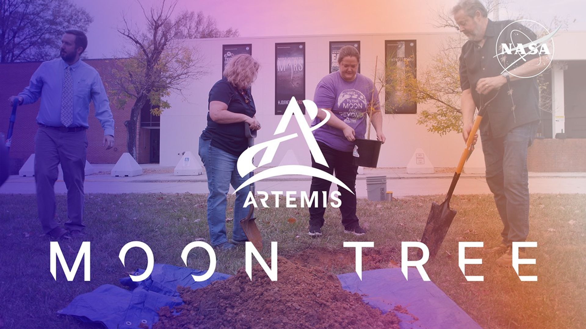 Team members from NASA’s Artemis missions plant a tree grown from a seed that traveled beyond the Moon and back to Earth. The Artemis mission logo and the text "Moon Tree" is overlaid at center.