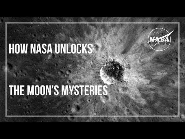 A bright rayed impact crater on the Moon is shown with the text "HOW NASA UNLOCKS THE MOON'S MYSTERIES" overlain on the surface.