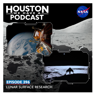 Houston We Have a Podcast Episode 396: Lunar Surface Research. Intuitive Machines 2 is seen flying to the Moon with the Earth in the background. Firefly's Blue Ghost's shadow is seen on the Moon upon landing.