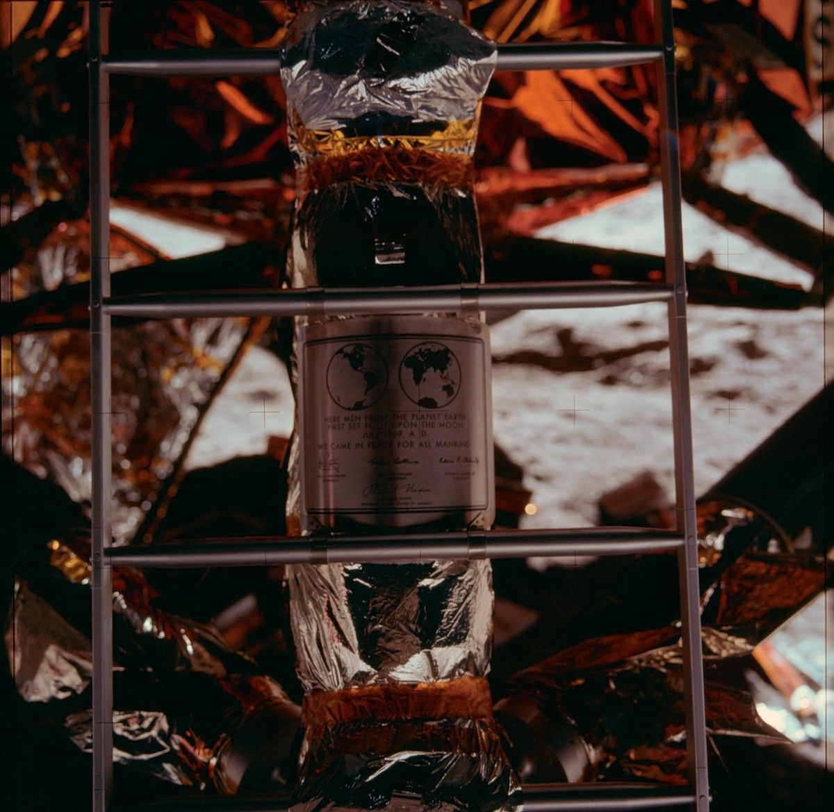 Close-up view of the plaque which the Apollo 11 astronauts left on the Moon.