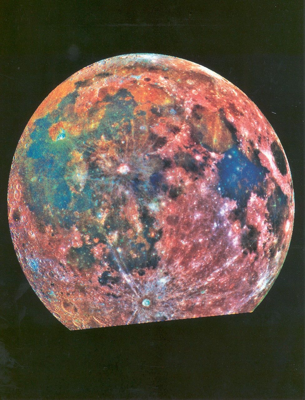 False-color Galileo composite of the Moon showing blue titanium-rich seas, orange lower-titanium plains, and white highlands