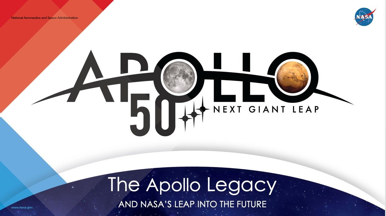Intro slide with text "Apollo 50: The Next Giant Leap" and "The Apollo Legacy". Decorative edge graphics are red & blue.