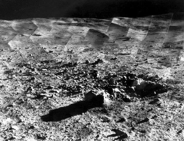 View of crater from the rugged surface of the Moon. The mosaic technique makes it look like the image could have been assembled with a palette knife.