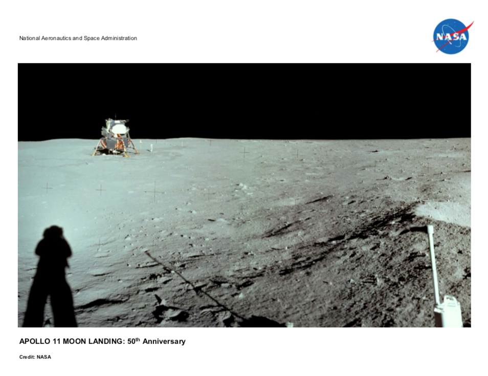 Handout about the Apollo 11 scientific legacy with large photo taken by an astronaut on the lunar surface. The astronaut's shadow is visible in the foreground. In the background, a spacecraft sits on the dusty, grey surface under a black sky.