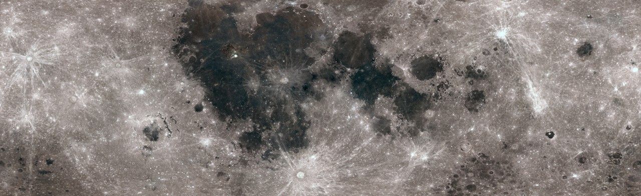 LRO color mosaic of the full lunar surface showing subtle variations in blue, orange, ochre and grey across the near and far sides