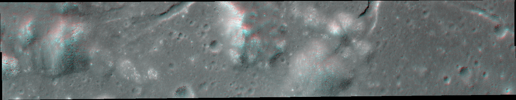 Red-blue 3D anaglyph of rough lunar terrain seen from above