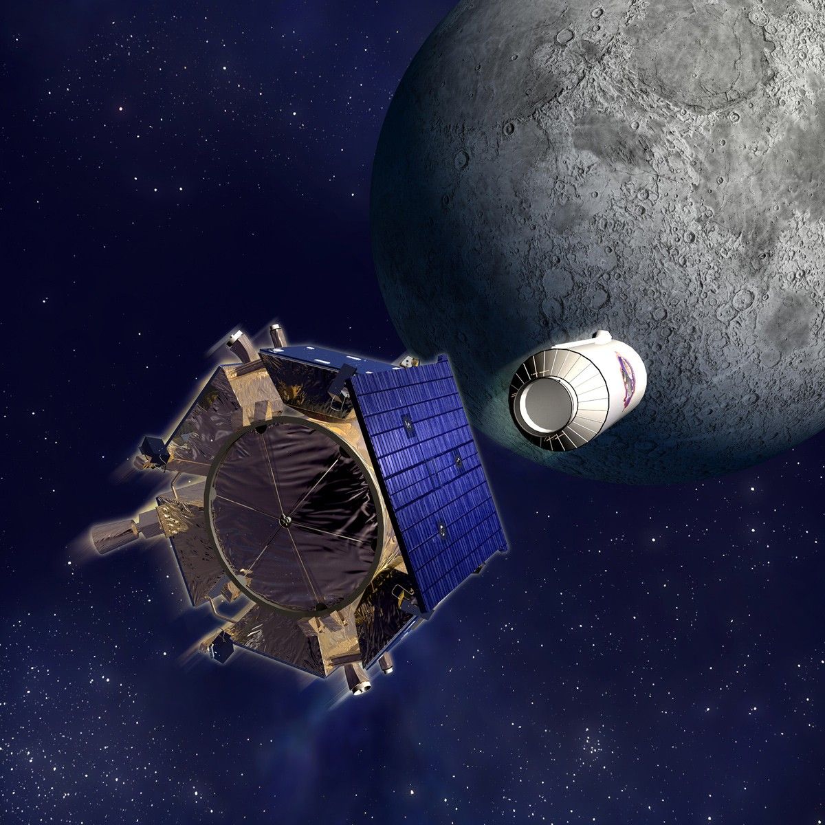Illustration of two spacecraft flying toward the Moon