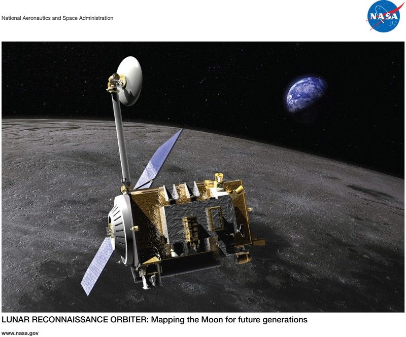 First page of LRO lithograph, showing spacecraft over the lunar surface, with distant Earth in the background.