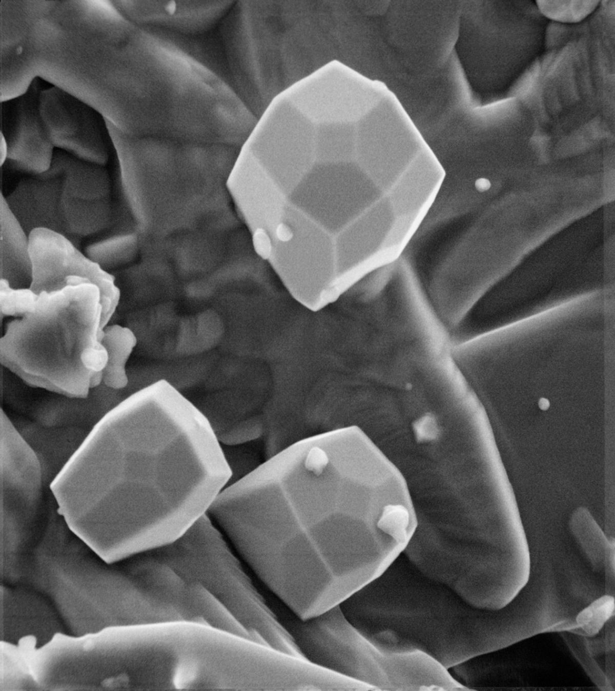 Magnified view of iron crystals. Each has several flat faces. They look light grey, and the edges catch the light.