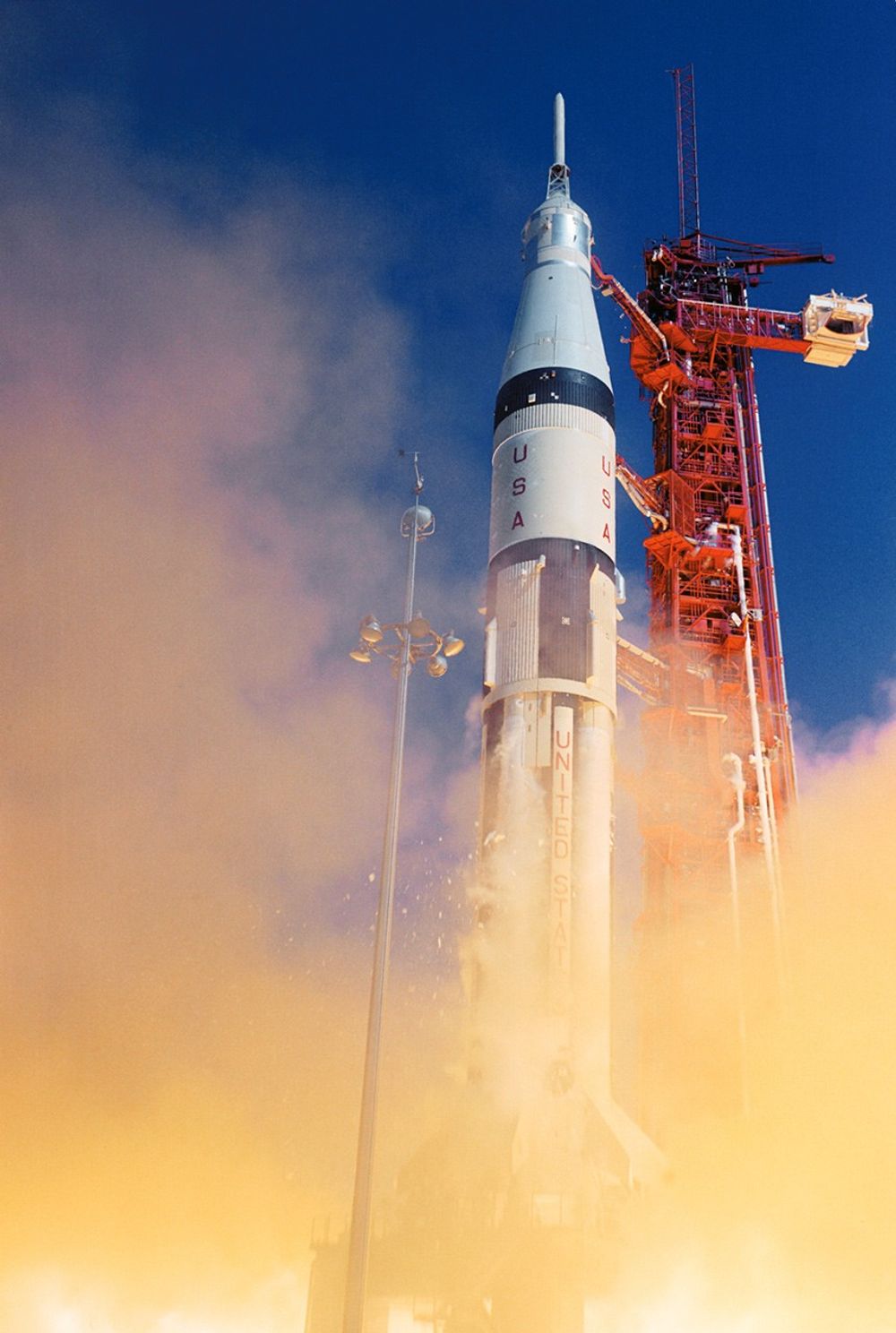 Close-up of Apollo 7, looking up from near the bottom of the rocket.