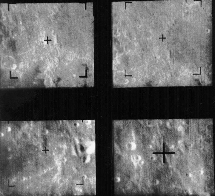 Four images of the Moon's surface, showing bright white streaks and patches.