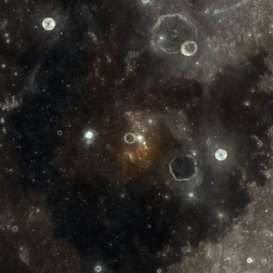lunar surface with craters, seen from above, with bright spots appearing slightly reddish and greenish