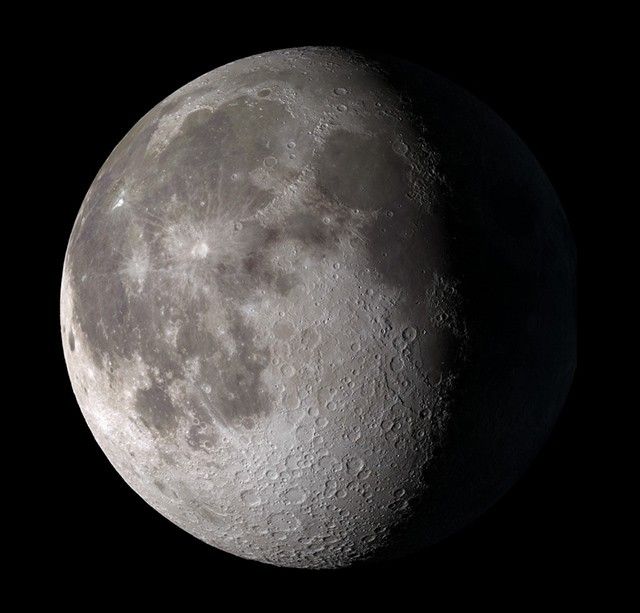The Moon is always half-lit by the Sun. Like Earth, it has a day side and a night side, which change as the Moon rotates.