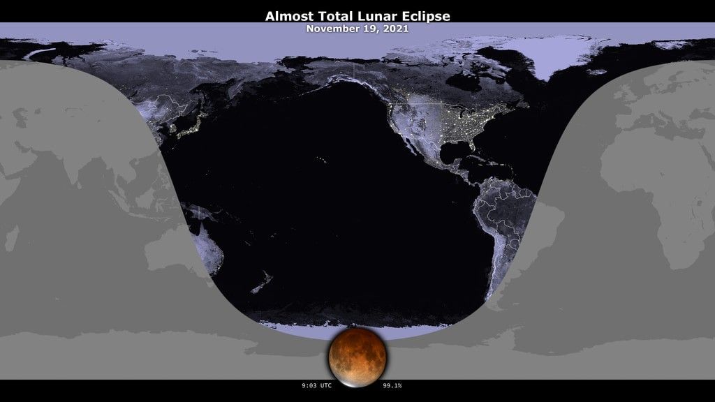 A world map showing where the eclipse is visible at the time of greatest eclipse. Earlier parts of the eclipse are visible farther east, while later times are visible farther west.