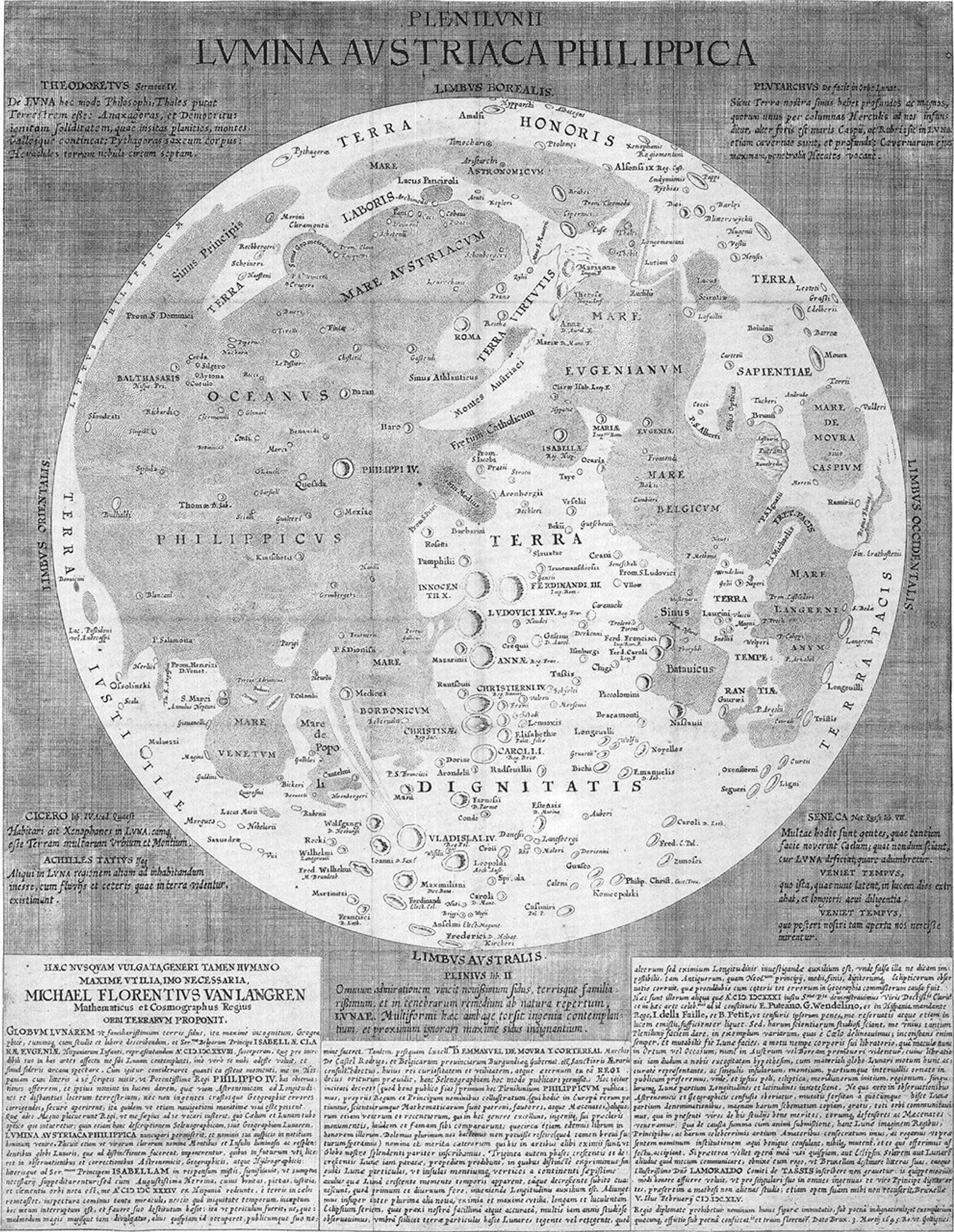Drawing of the Moon with labelled names of various geographic formations.