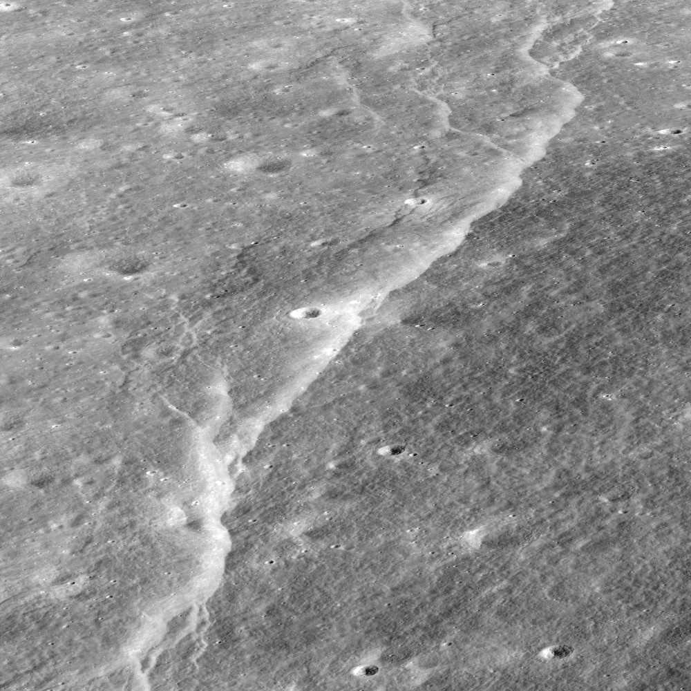 A grayscale image of a long, sinuous, rounded cliff running from the bottom left to the top right. The view is from overhead at an angle, not directly overhead.