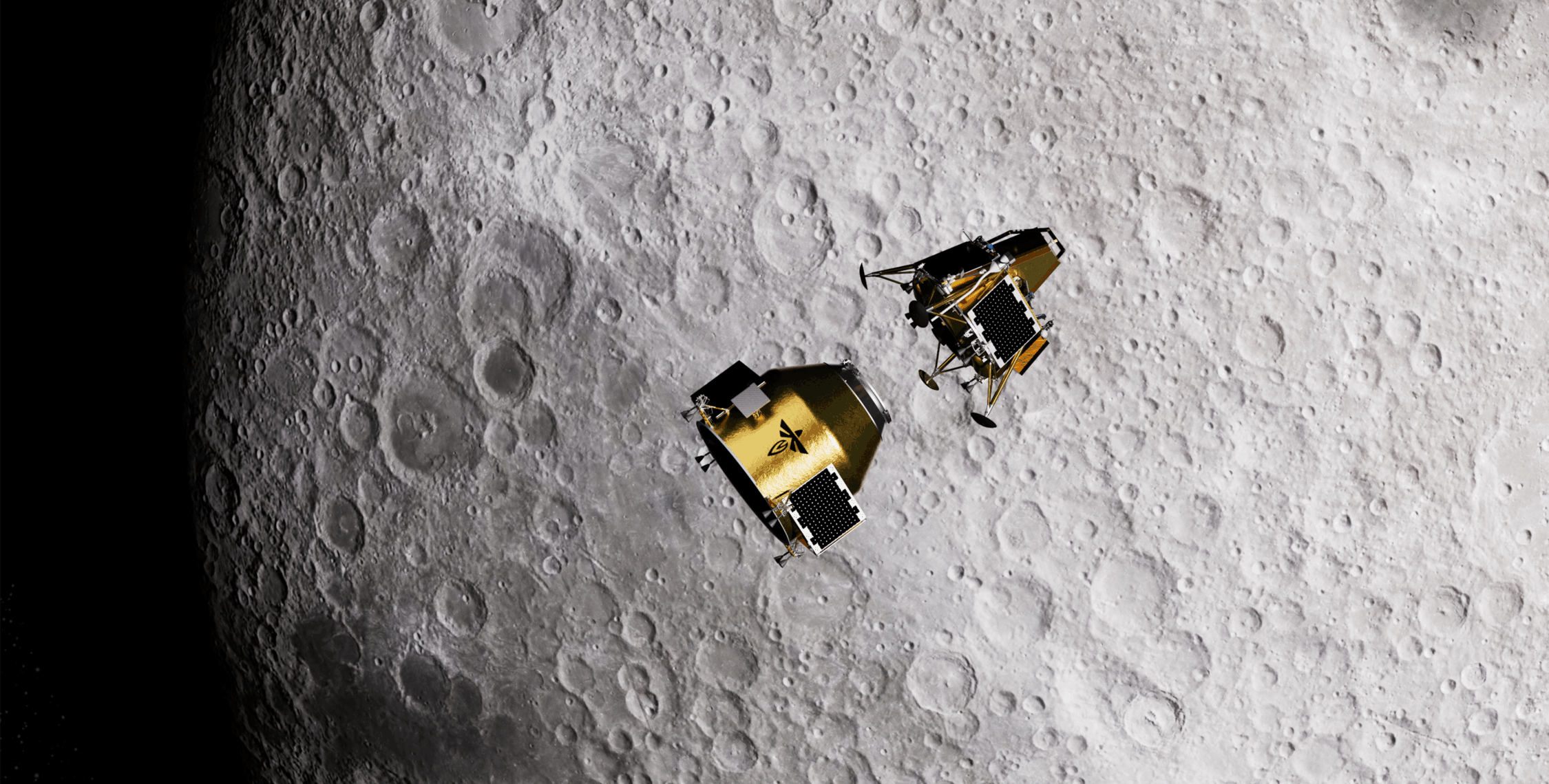 A rendering of Elytra deploying the Blue Ghost 4 lander in lunar orbit. The orbiter (Elytra) is a semi-cylindrical gold-colored mostly smooth object with solar panels attached to the outside. The Blue Ghost 4 lander has 4 feet and solar panels on its outside. These will serve in the pursuit of CS-6 Science.