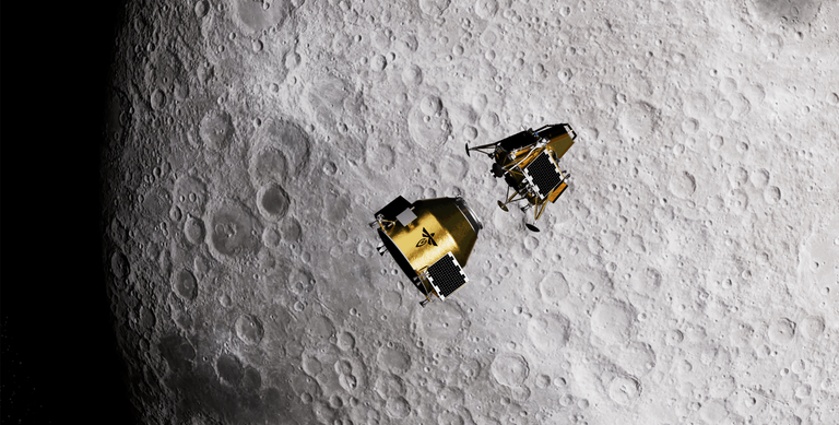 A rendering of Elytra deploying the Blue Ghost 4 lander in lunar orbit. The orbiter (Elytra) is a semi-cylindrical gold-colored mostly smooth object with solar panels attached to the outside. The Blue Ghost 4 lander has 4 feet and solar panels on its outside. These will serve in the pursuit of CS-6 Science.