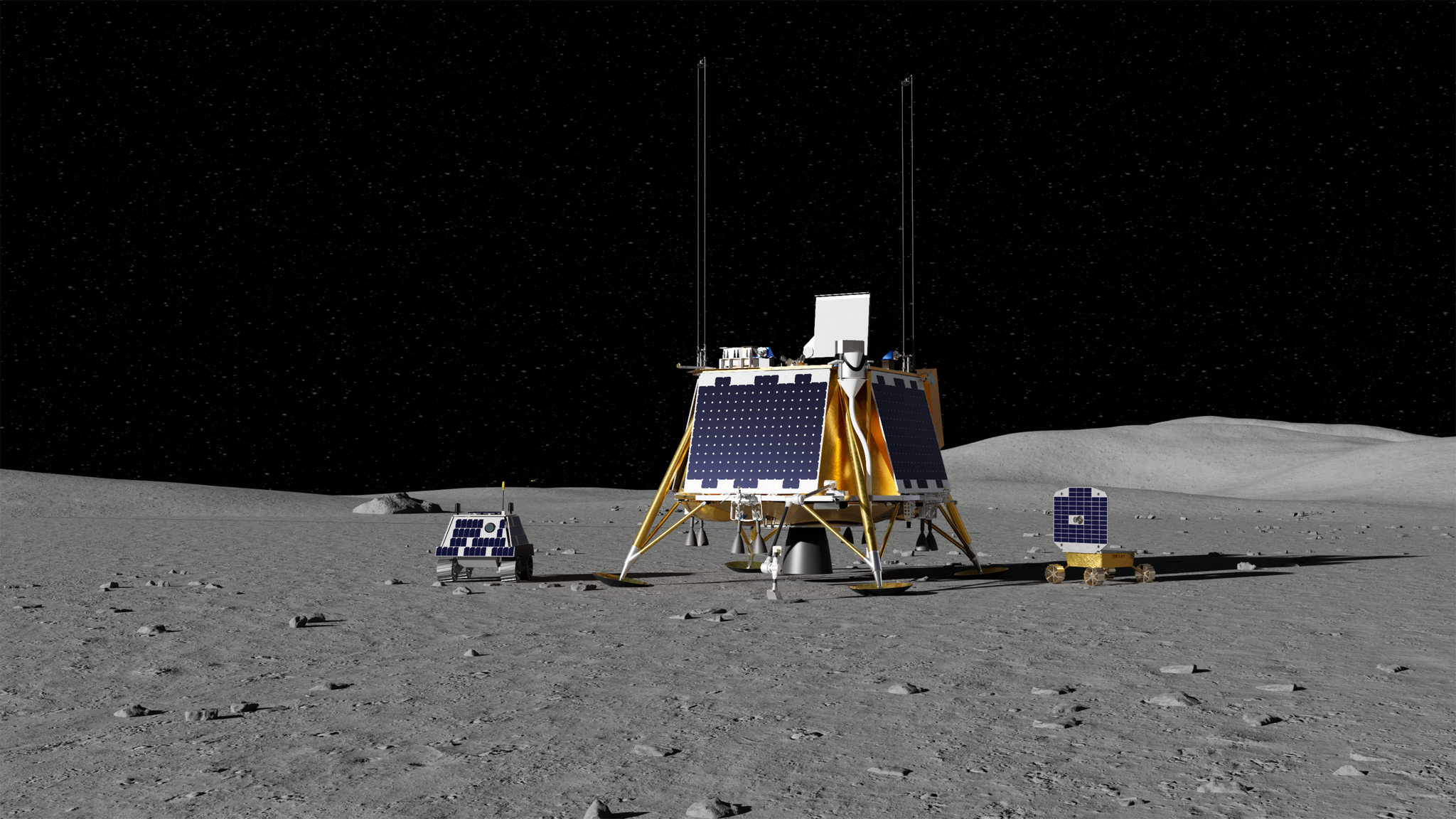 A rendering of the Blue Ghost 4 lander on the lunar surface. It has 4 "feet" on the ground and solar panels on every side, with large antennae sticking out of the top. Nearby sit two small rovers covered with solar panels. These payloads will assist in the pursuit of CS-6 science.
