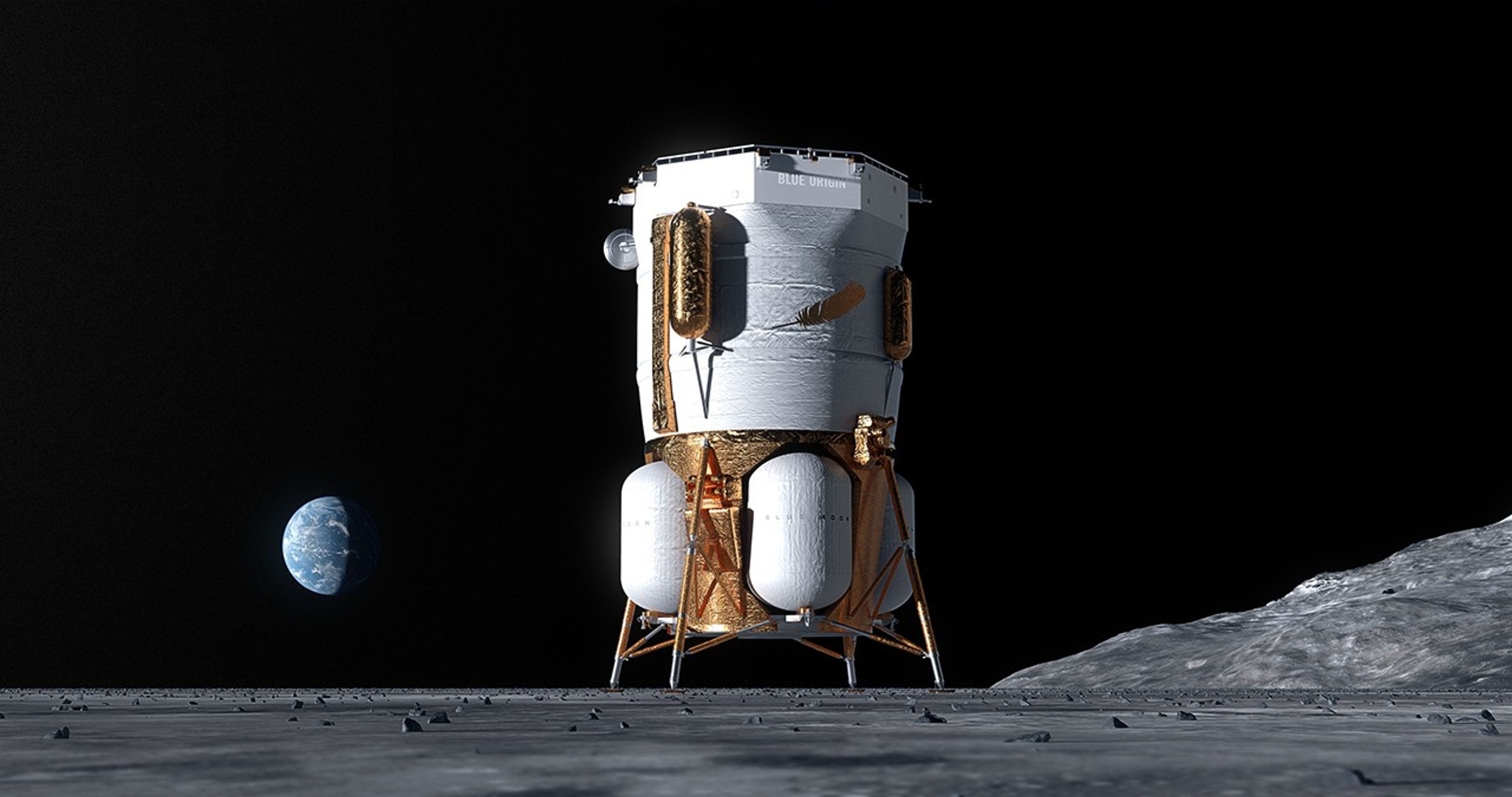 A rendering of the Blue Origin Blue Moon Mark 1 (MK1) lander on the surface of the Moon with the Earth in the background. The lander is large, mounted on four legs with a solar panel on top.