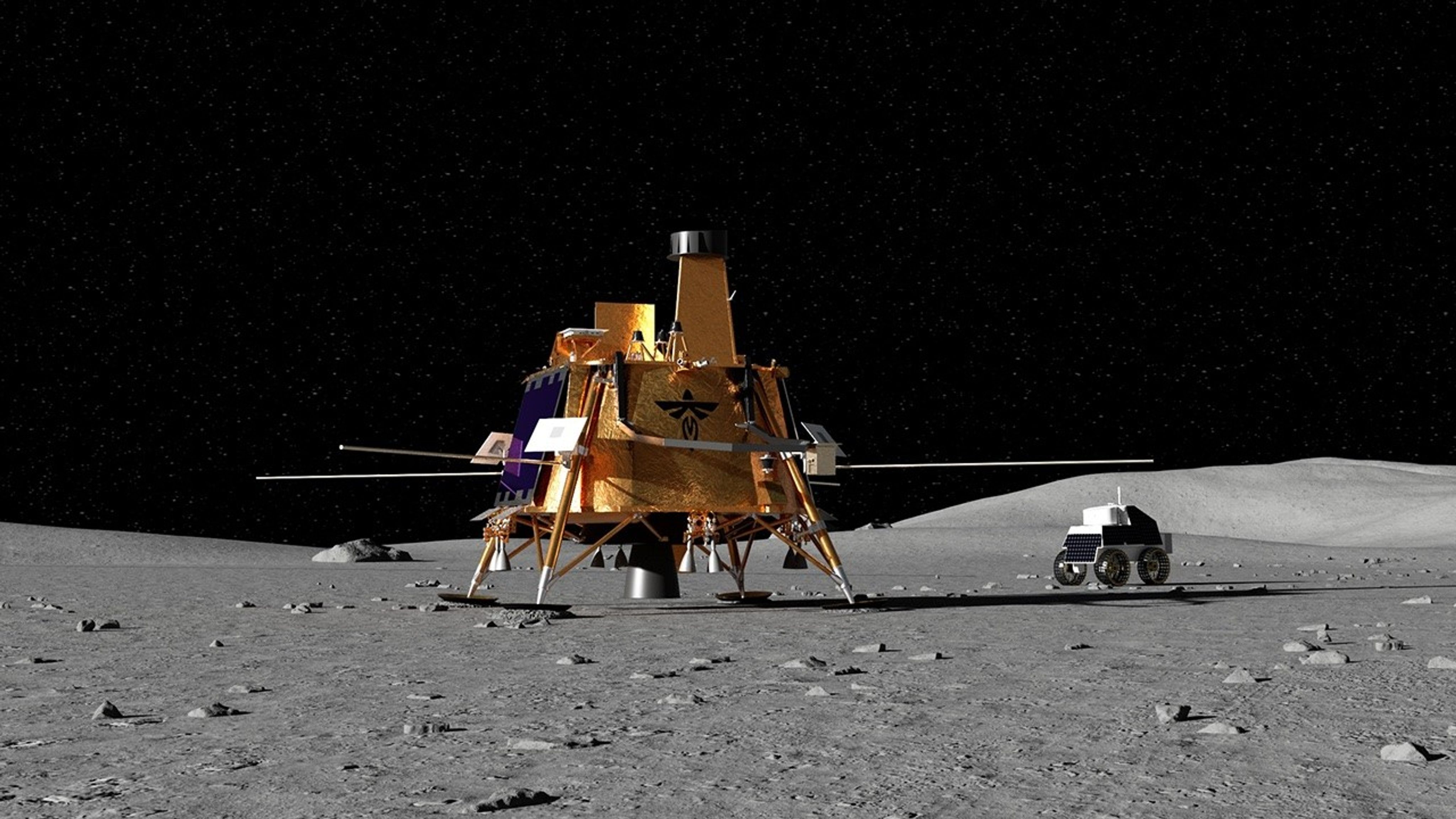 A rendering of Firefly&#039;s Blue Ghost Mission 3 lander on the surface of the moon. A small rover sits nearby.