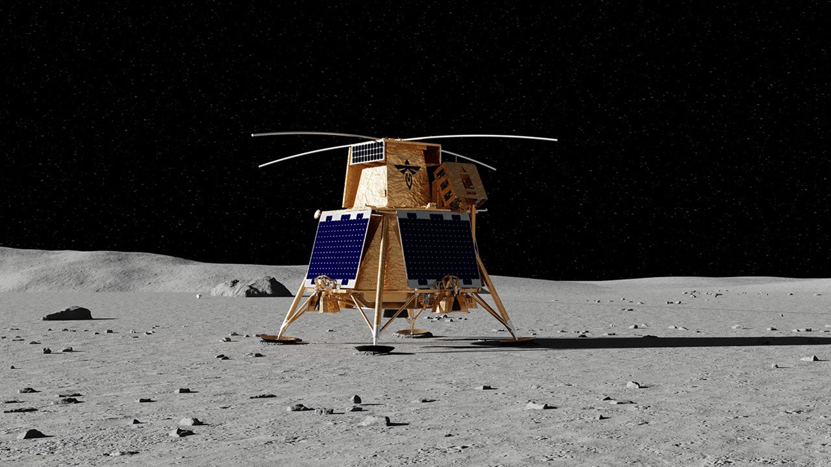 A rendering of the Blue Ghost 2 lander on the surface of the Moon. It sits on 4 long legs, has solar panels on each side, 4 antennae on top, and has a gold-colored foil cover.