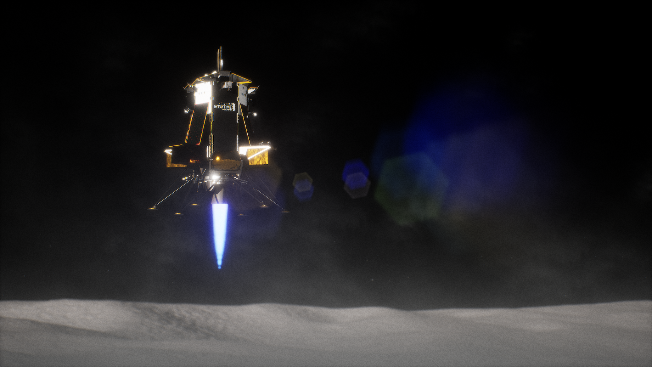 A rendering of the Intuitive Machines lunar lander Nova-C slowly lowering itself to the lunar surface. There is a plume of fire underneath that signifies the counter-boost to ensure a soft landing.