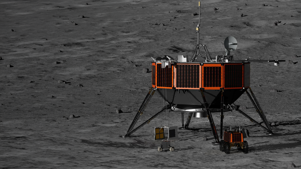 A rendering of the Intuitive Machines Nova-D lander on the lunar surface. The lander looks like a gigantic bowl covered with solar panels on the outside. It has a satellite and antenna on top. Nearby, 2 small rovers site, each looking like a small box (covered by solar panels) on wheels.