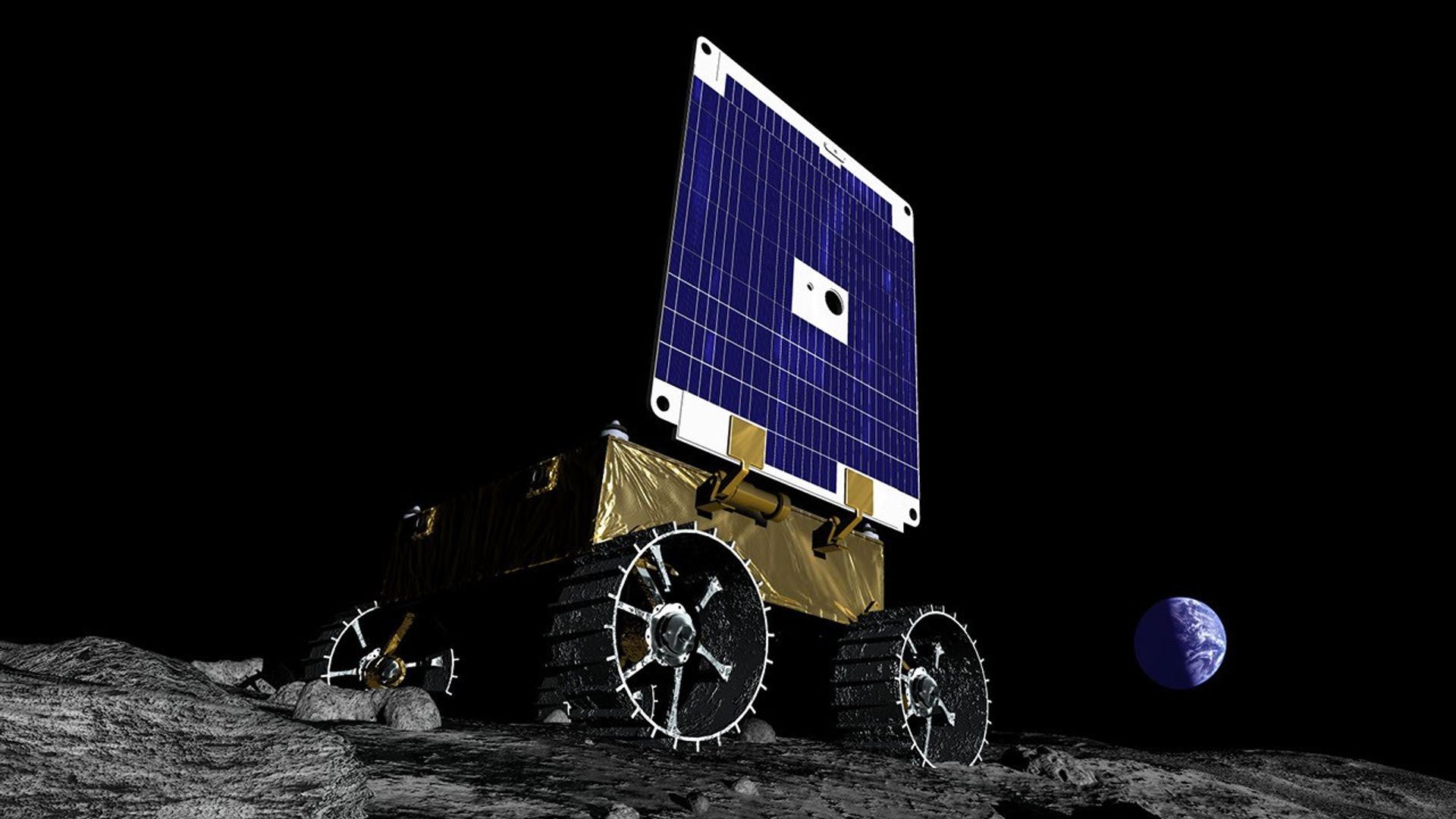 A rendering of a small rover on the surface of the Moon. The Earth can be seen in the background. The rover has a solar panel that is extended vertically and its body is covered in a gold-colored foil-type material.