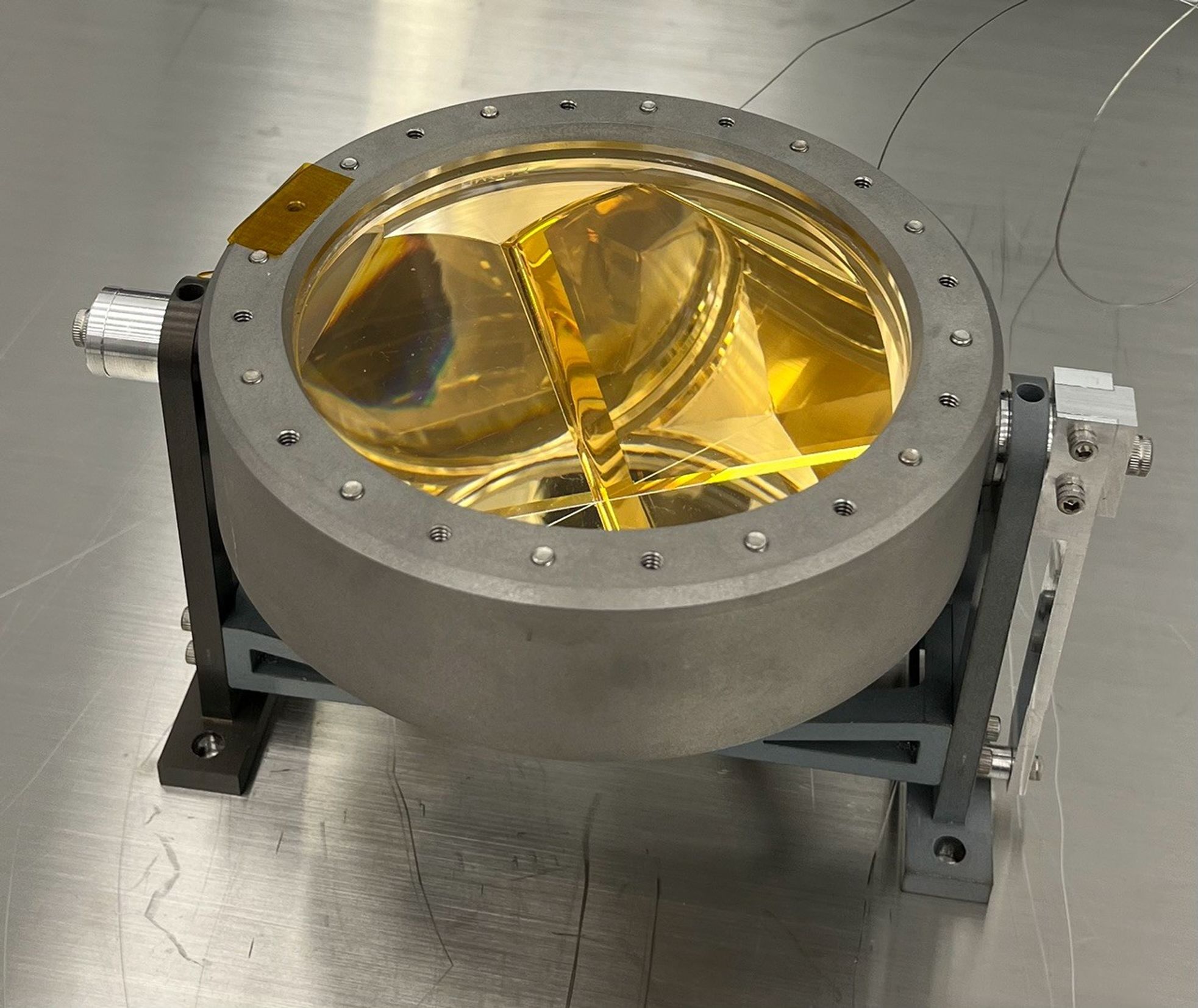 A Next Generation Lunar Retroreflector (NGLR) sits on an adjustable multidirectional mount.