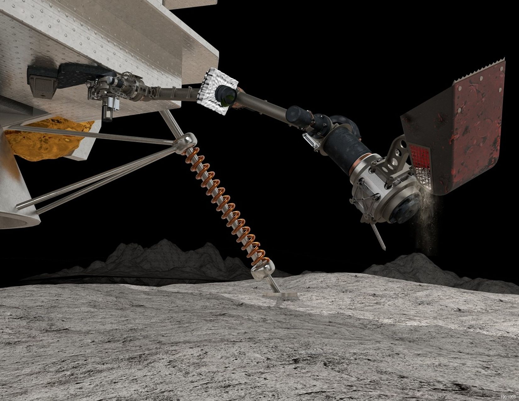 A rendering of a lunar lander on the Moon's surface. A robotic arm extends from the lander to the surface.
