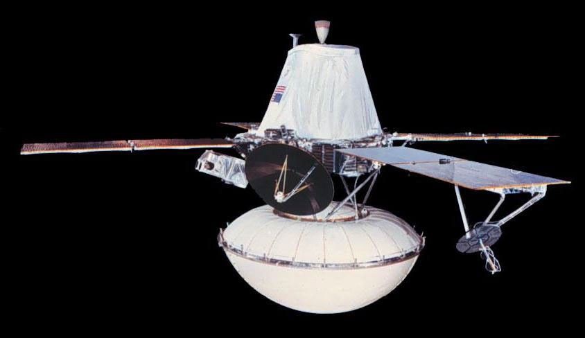Artist’s concept of the Viking spacecraft, with the orbiter at the top and the lander tucked inside the aeroshell below.