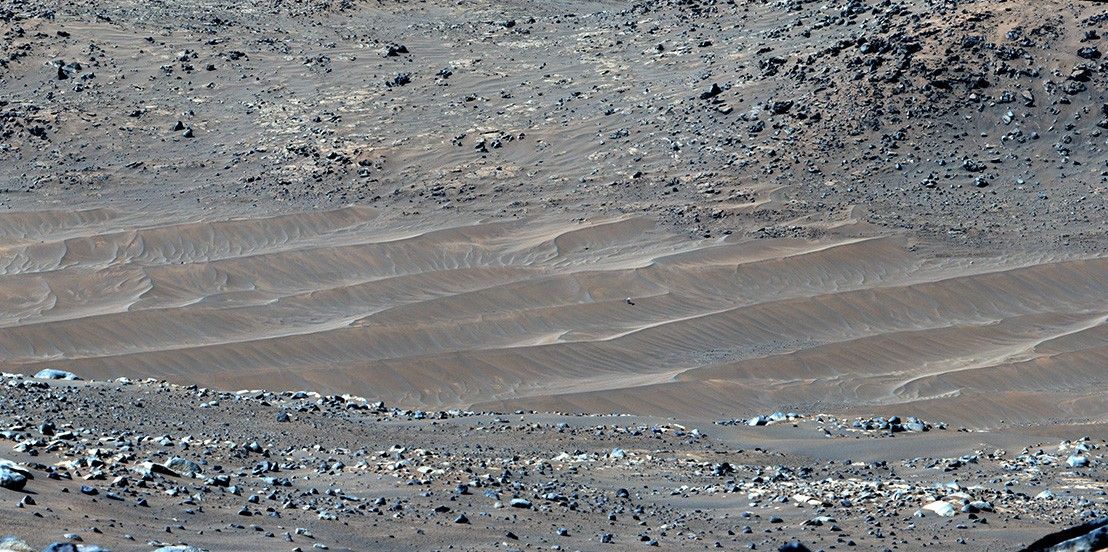 NASA’s Perseverance Mars rover captured this mosaic showing the Ingenuity Mars Helicopter at its final airfield on Feb. 4, 2024.